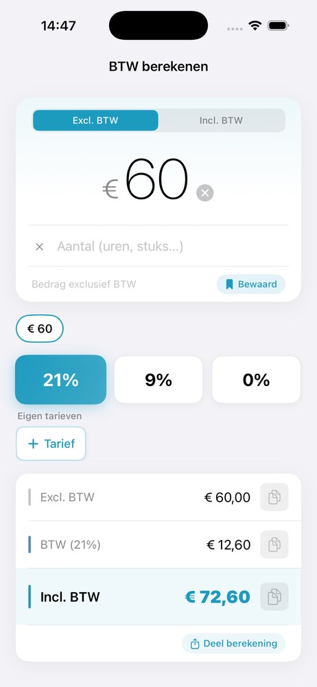 Schermafbeelding van BTW berekenen — resultaat met excl., BTW en incl. bedrag
