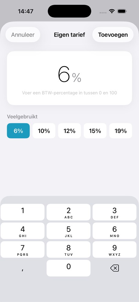 Schermafbeelding van BTW berekenen — eigen BTW-tarief toevoegen