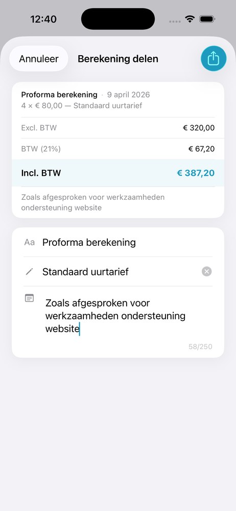 Schermafbeelding van BTW berekenen — berekening delen