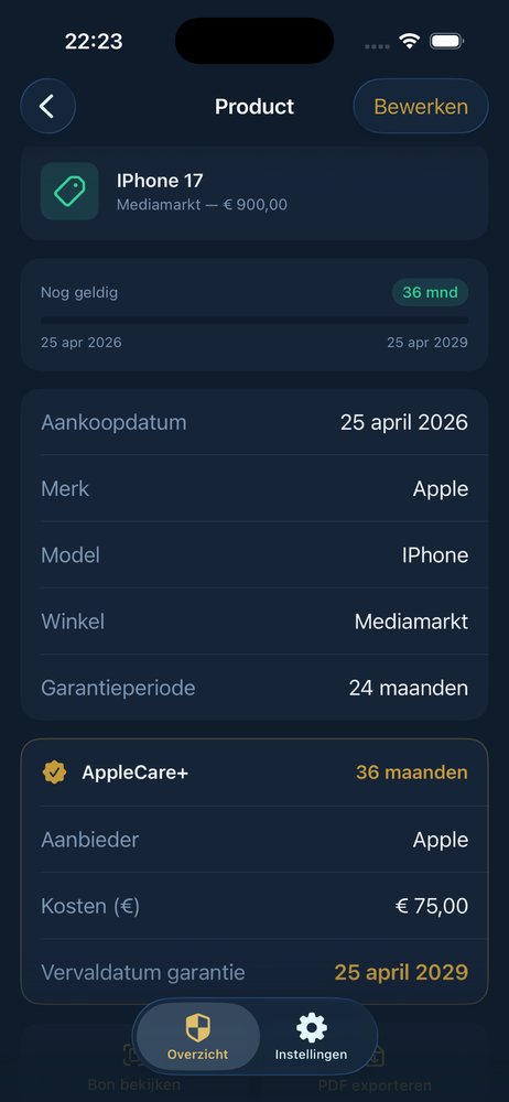 Schermafbeelding van Garantiebox — productdetail met garantie-informatie