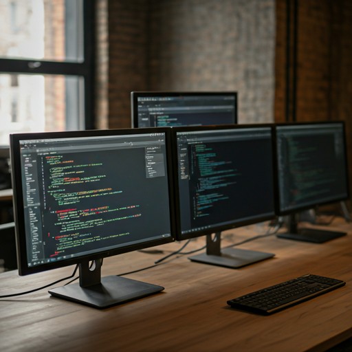 Meerdere beeldschermen met code-editors op een houten bureau